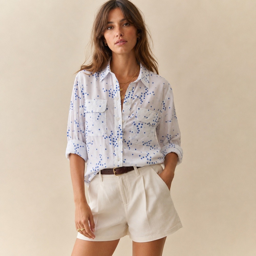 Equipment Silk Slim Signature Star Print Bottom Front Shirt Sz S